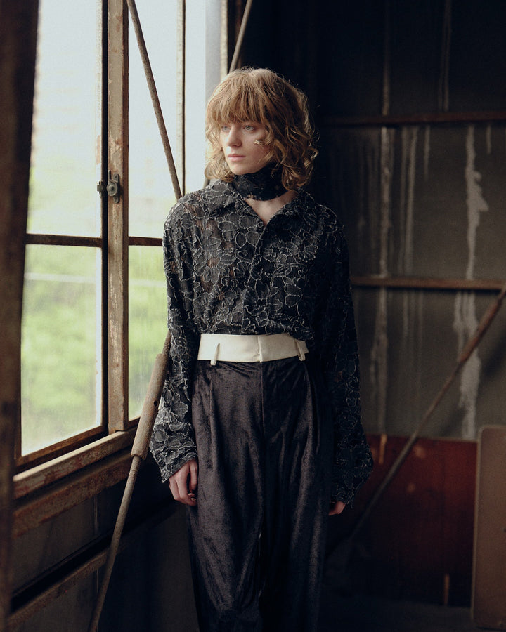 DAMAGE FLORAL LACE SHIRT【BLACK】