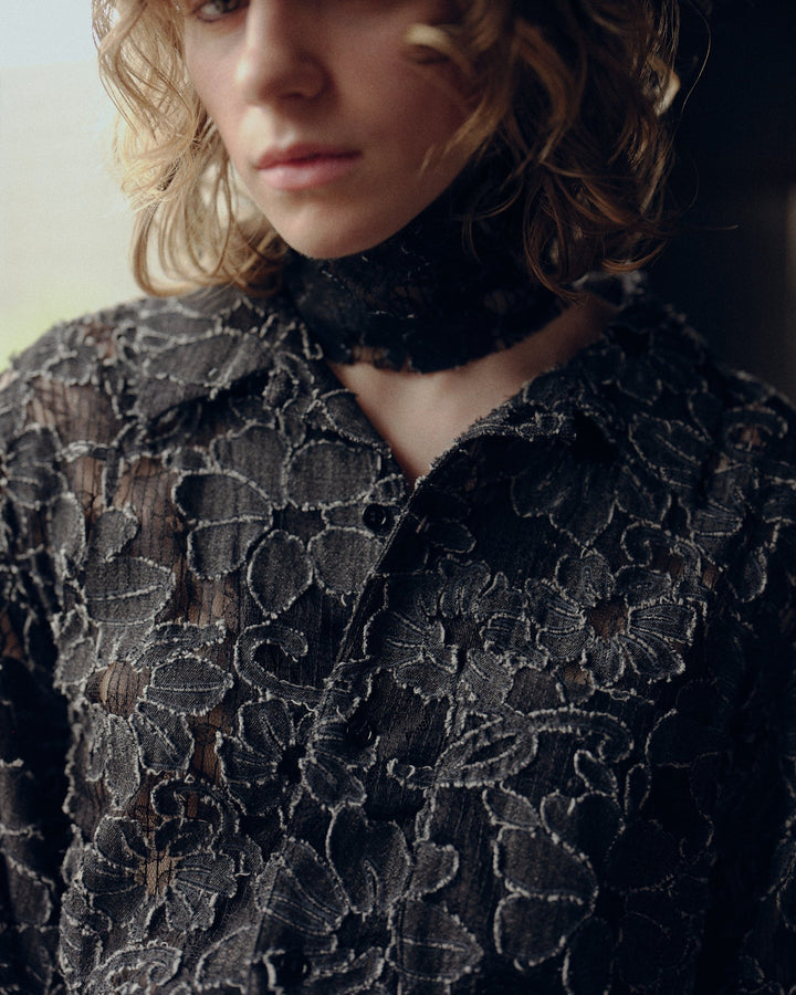 DAMAGE FLORAL LACE SHIRT【BLACK】
