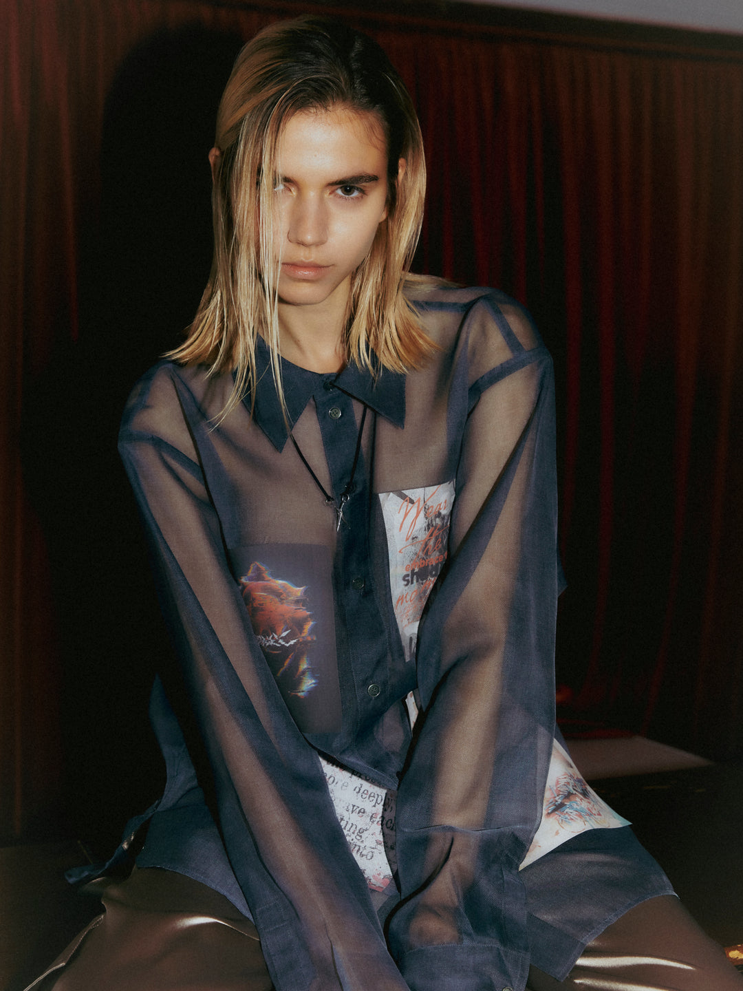 LAYERED GRAPHIC SHEER SHIRT【BLUE】