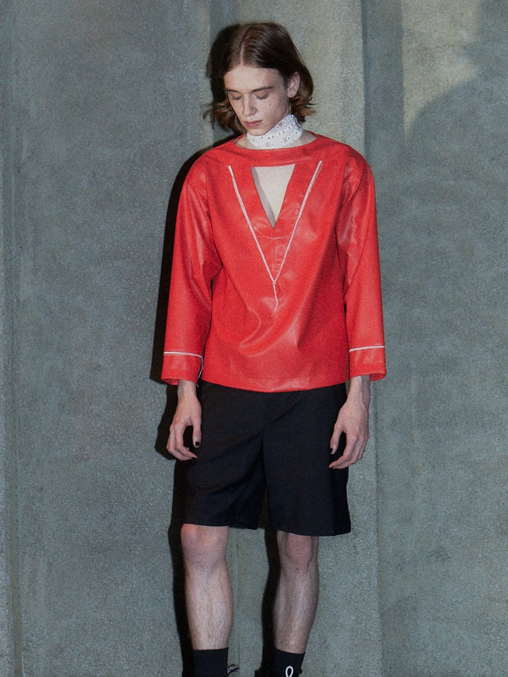 FRAYED CHOKER LEATHER TOP【RED】