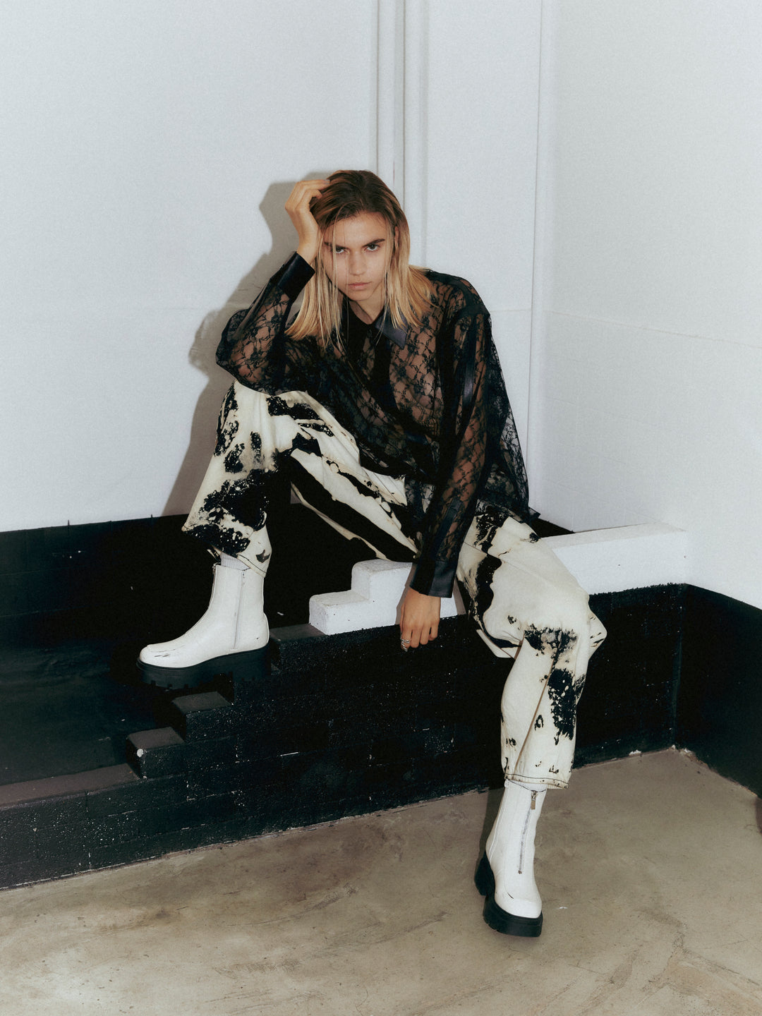 LEATHER PANELLED LACE SHIRT