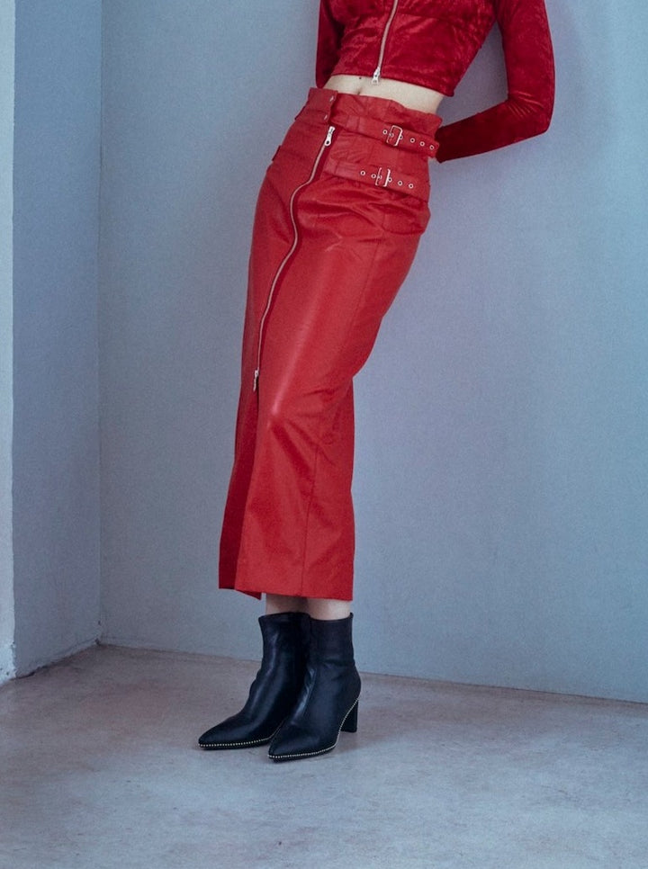 VEGAN LEATHER DOUBLE BELT HIGH WAIST SKIRT