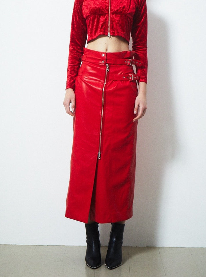 VEGAN LEATHER DOUBLE BELT HIGH WAIST SKIRT