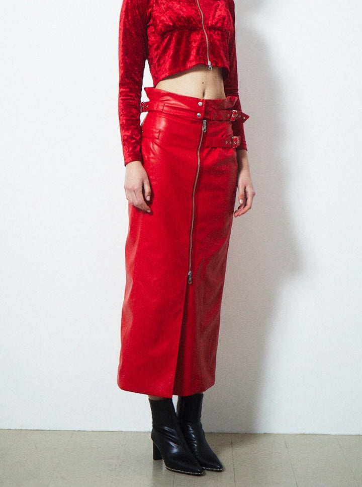VEGAN LEATHER DOUBLE BELT HIGH WAIST SKIRT