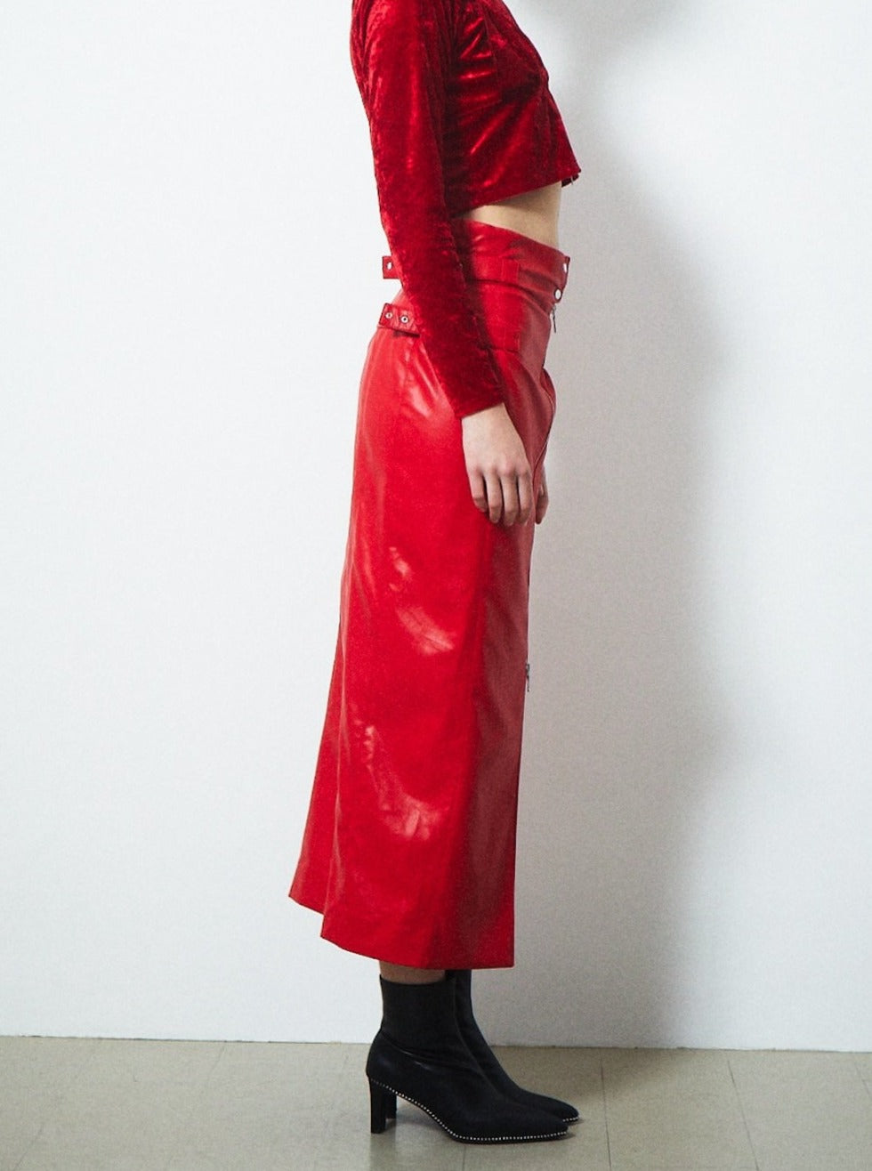 VEGAN LEATHER DOUBLE BELT HIGH WAIST SKIRT