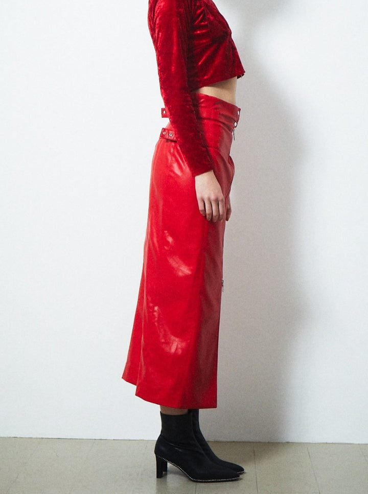 VEGAN LEATHER DOUBLE BELT HIGH WAIST SKIRT