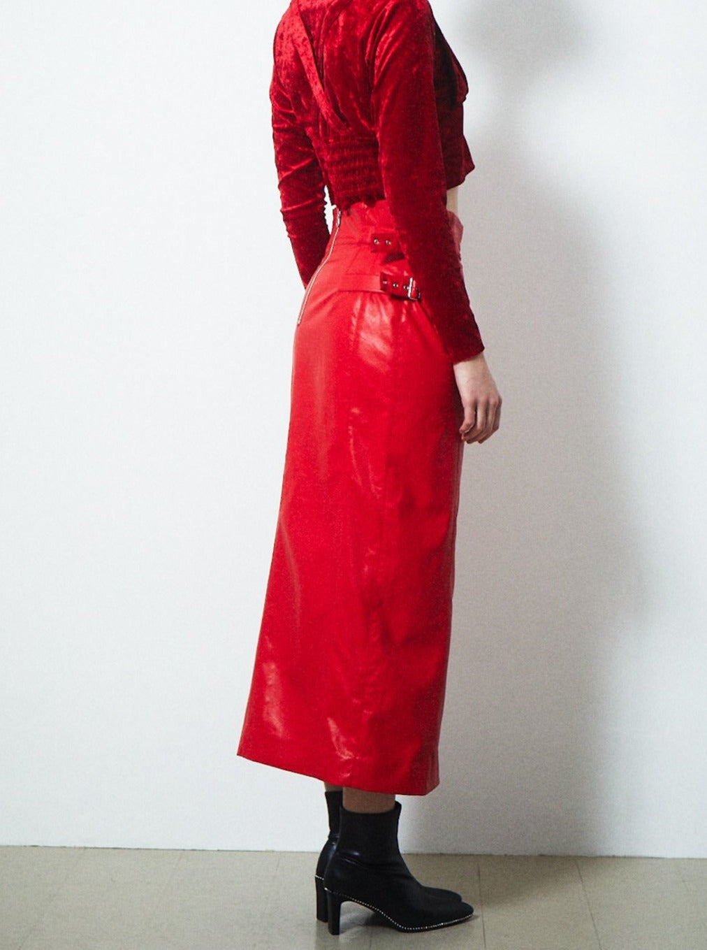 VEGAN LEATHER DOUBLE BELT HIGH WAIST SKIRT