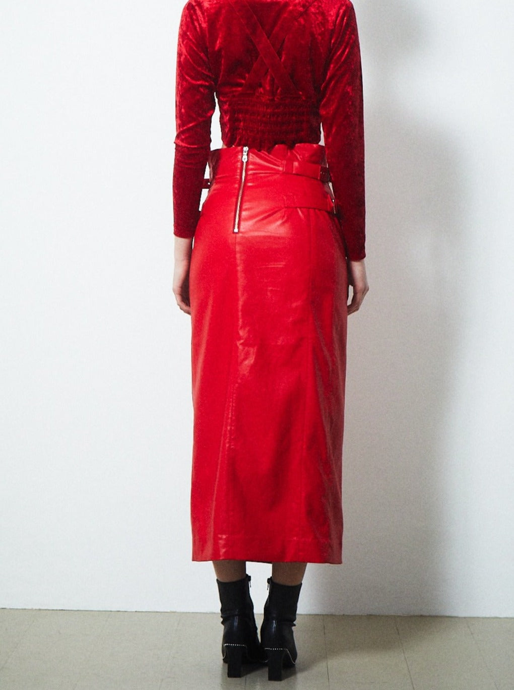 VEGAN LEATHER DOUBLE BELT HIGH WAIST SKIRT