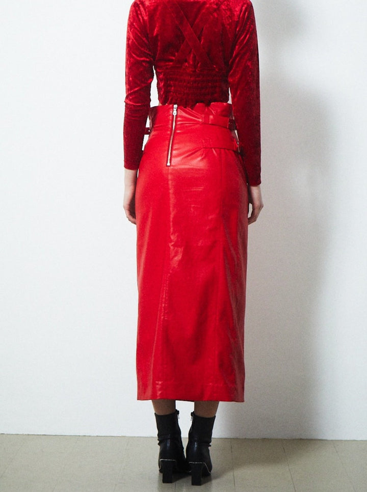 VEGAN LEATHER DOUBLE BELT HIGH WAIST SKIRT