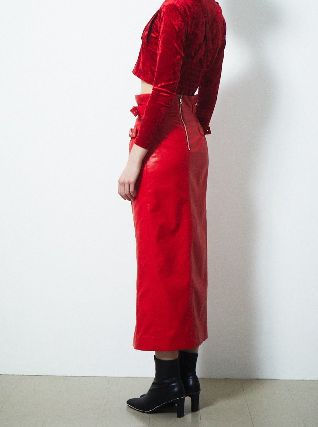 VEGAN LEATHER DOUBLE BELT HIGH WAIST SKIRT