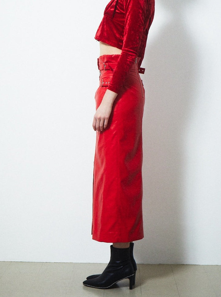 VEGAN LEATHER DOUBLE BELT HIGH WAIST SKIRT