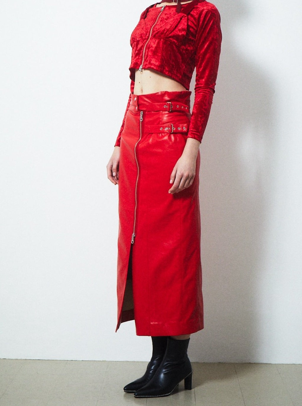 VEGAN LEATHER DOUBLE BELT HIGH WAIST SKIRT