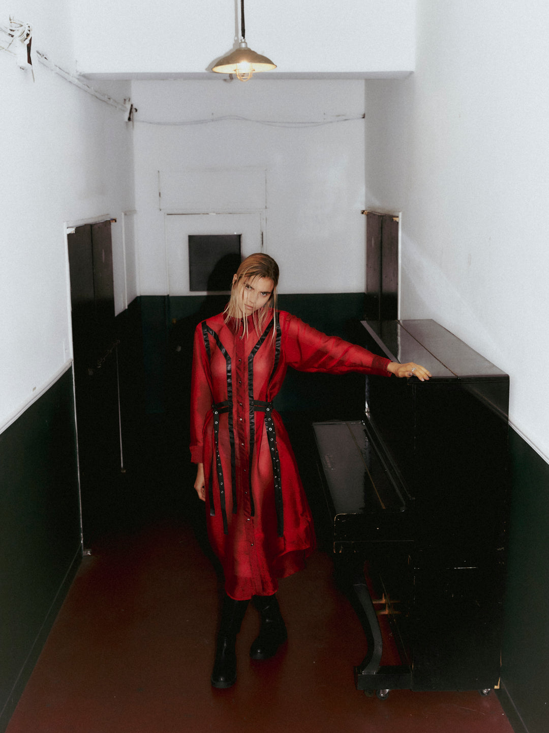 LEATHER LINE COMBI SHIRT DRESS【RED】