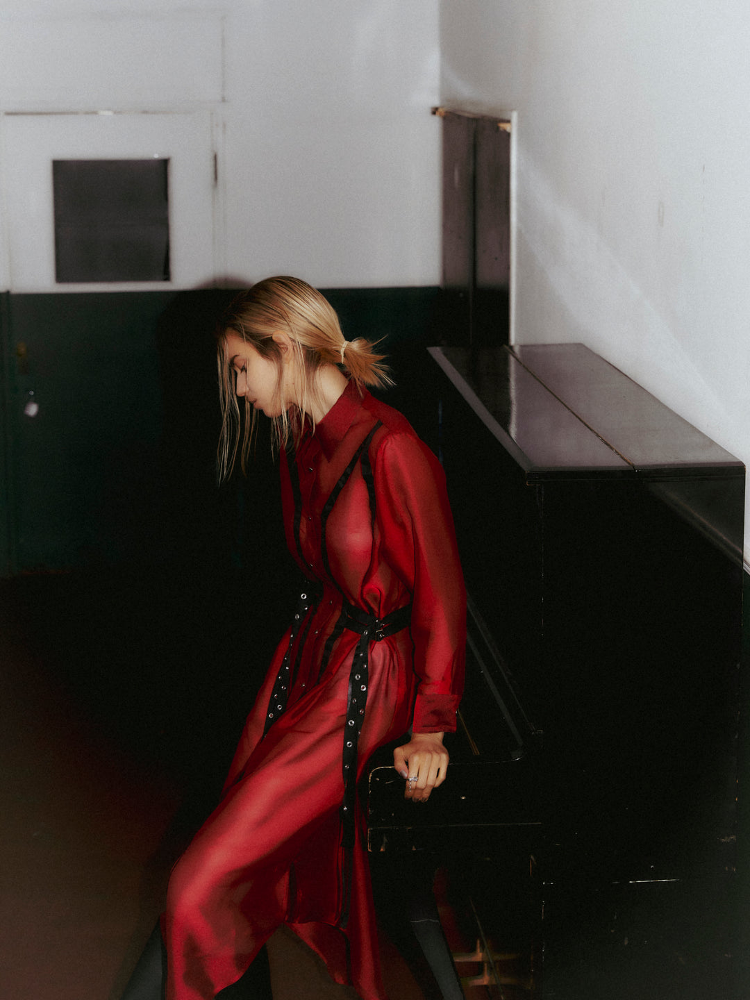 LEATHER LINE COMBI SHIRT DRESS【RED】