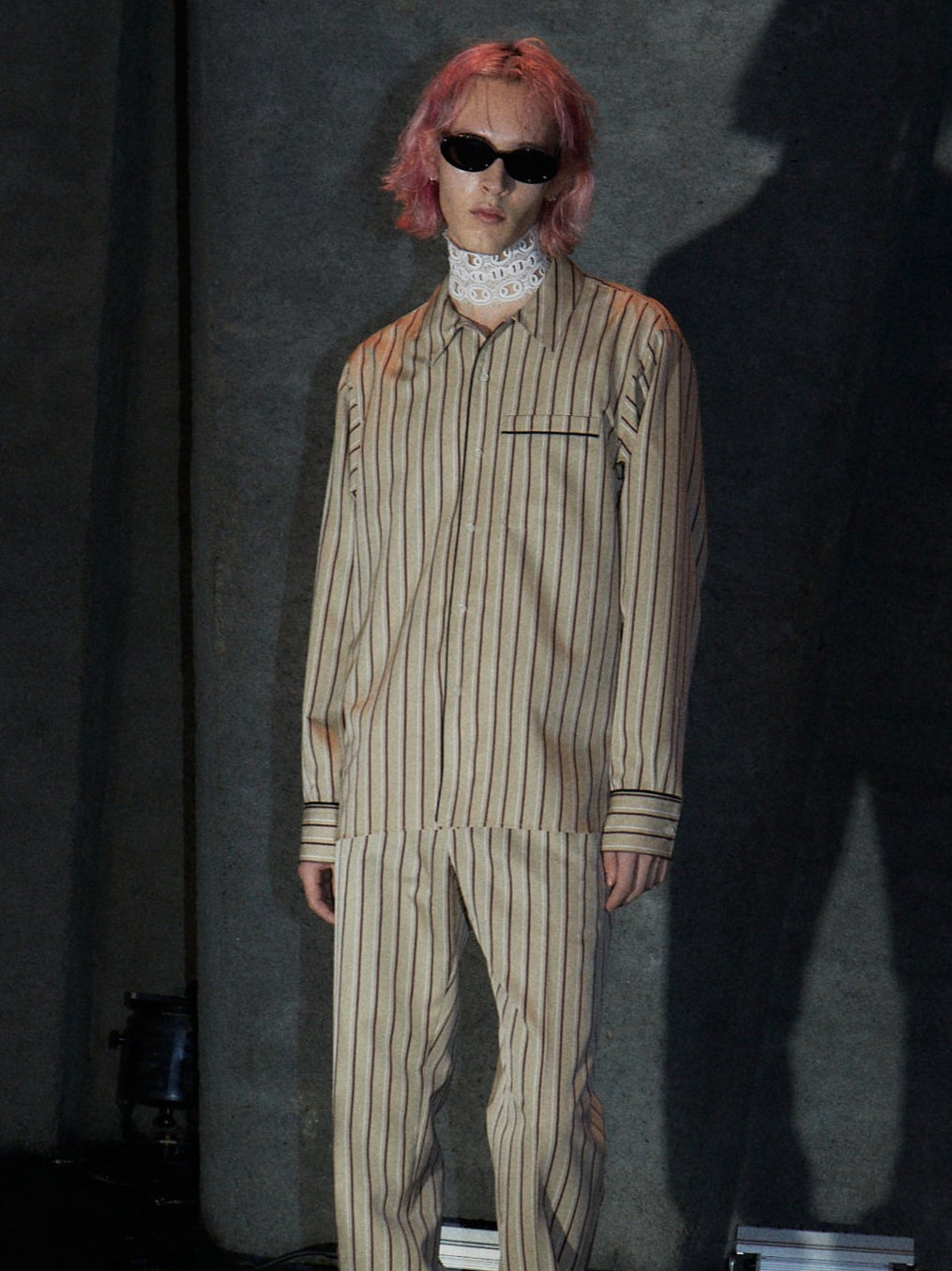 PINSTRIPE PAJAMA SHIRT【BEIGE×RED】