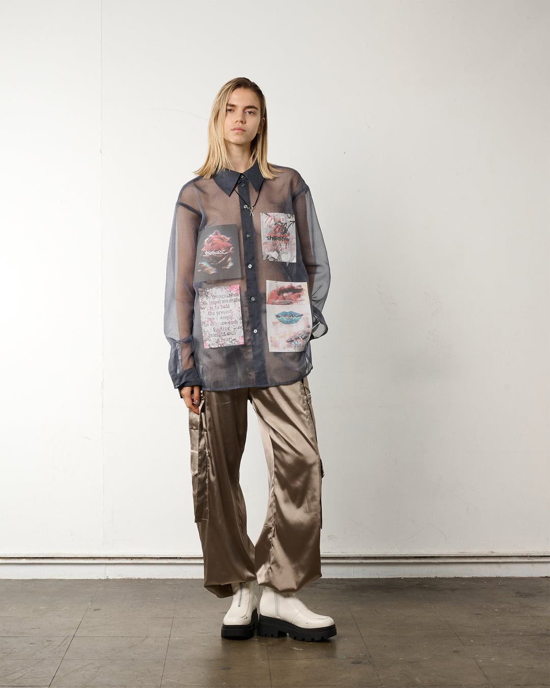 LAYERED GRAPHIC SHEER SHIRT【BLUE】