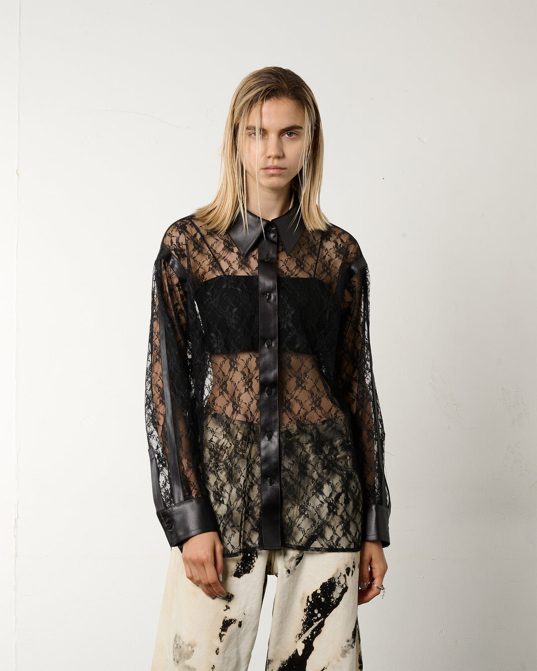 LEATHER PANELLED LACE SHIRT
