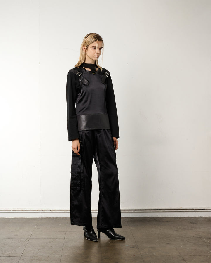 SATIN CARGO STRAP PANTS【BLACK】