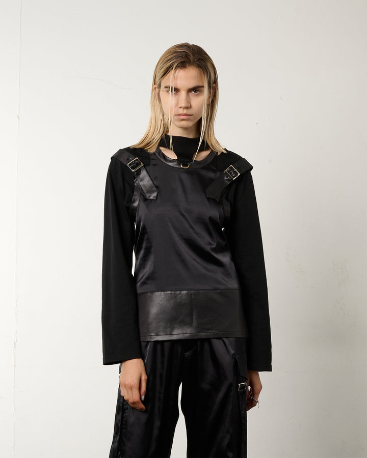 BACK BUTTON SATIN LEATHER TANK【BLACK】