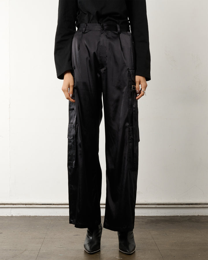 SATIN CARGO STRAP PANTS【BLACK】