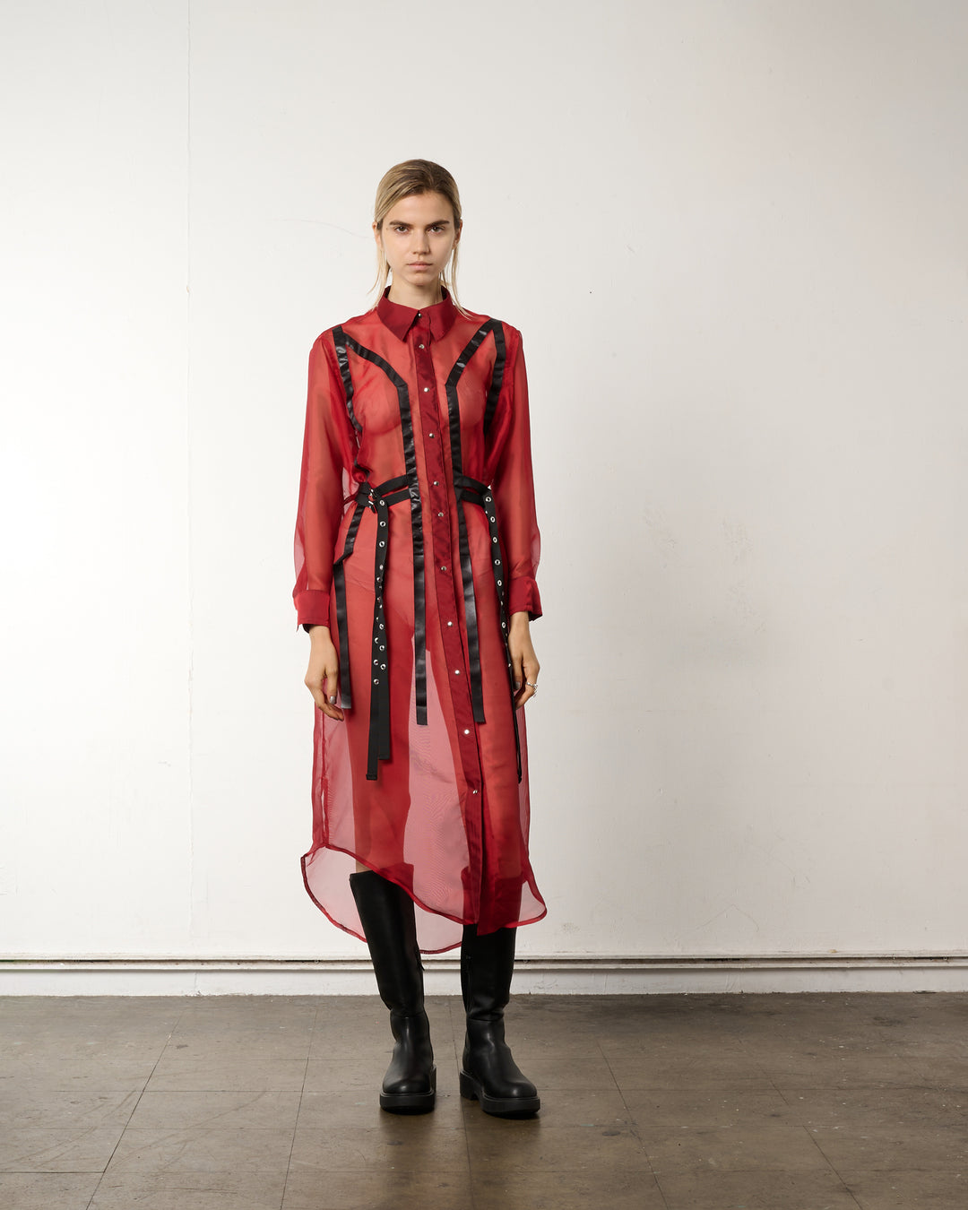 LEATHER LINE COMBI SHIRT DRESS【RED】