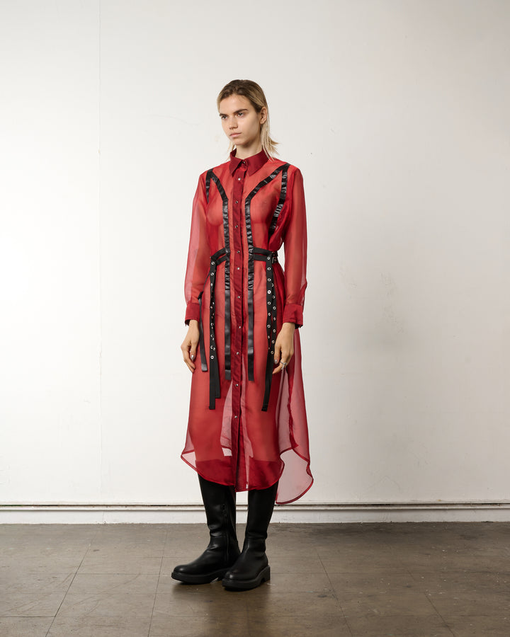 LEATHER LINE COMBI SHIRT DRESS【RED】
