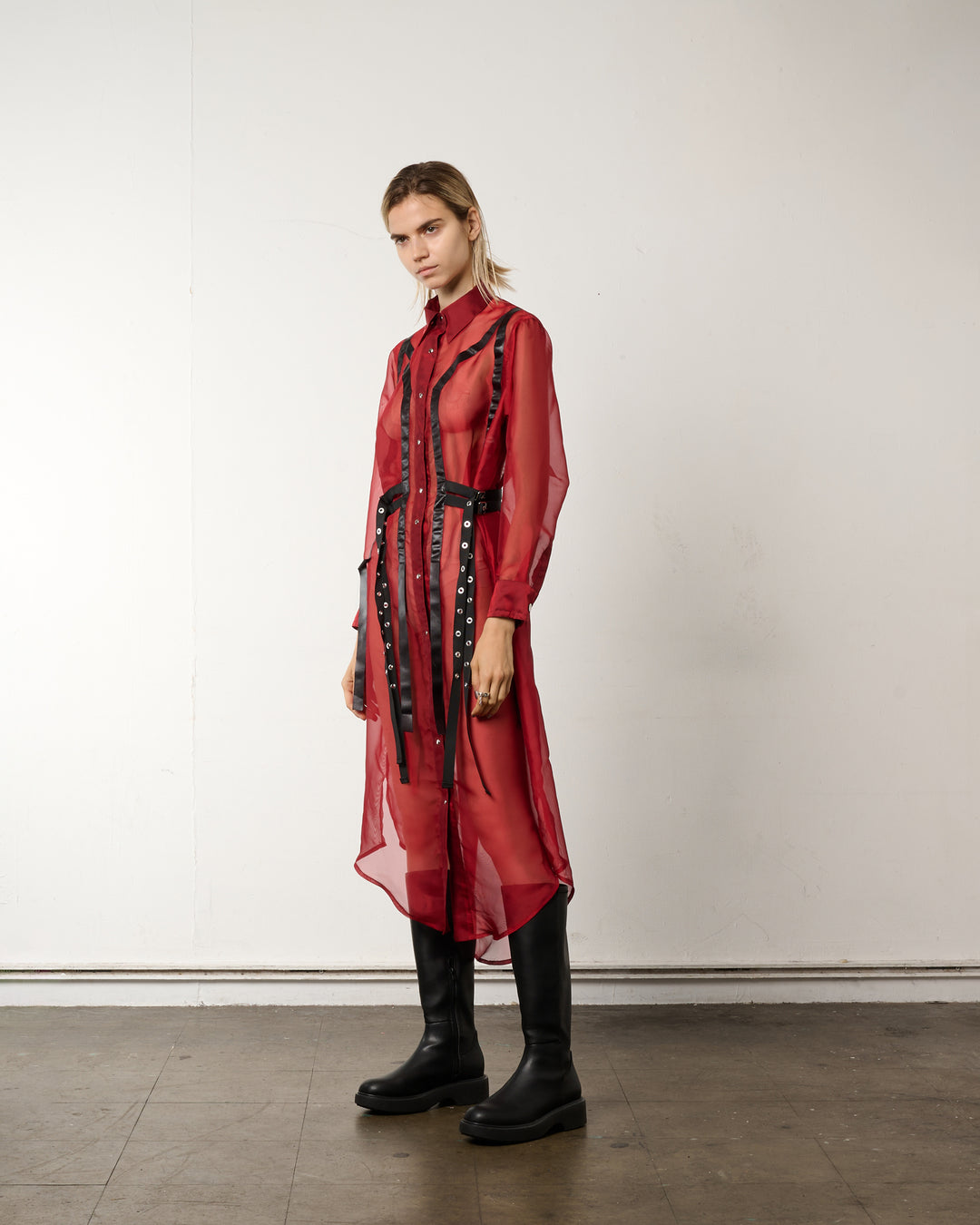 LEATHER LINE COMBI SHIRT DRESS【RED】
