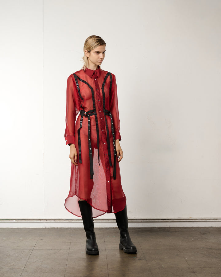 LEATHER LINE COMBI SHIRT DRESS【RED】