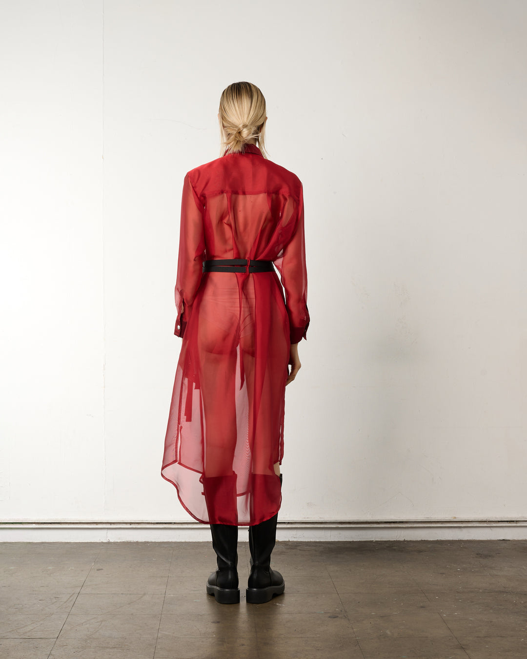LEATHER LINE COMBI SHIRT DRESS【RED】