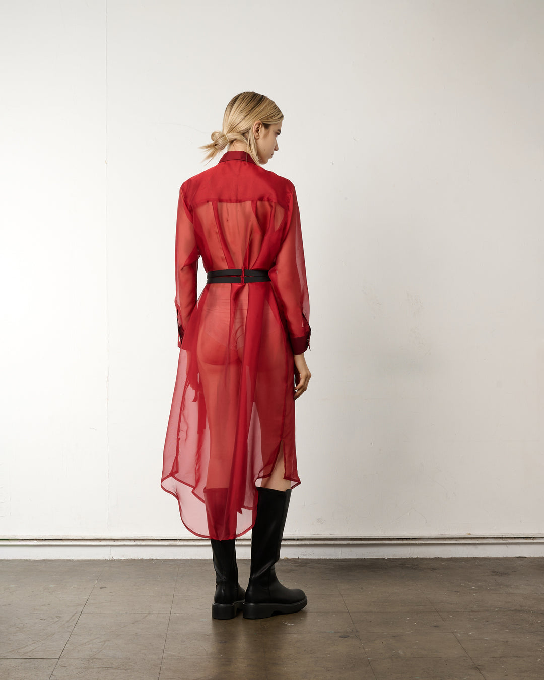 LEATHER LINE COMBI SHIRT DRESS【RED】