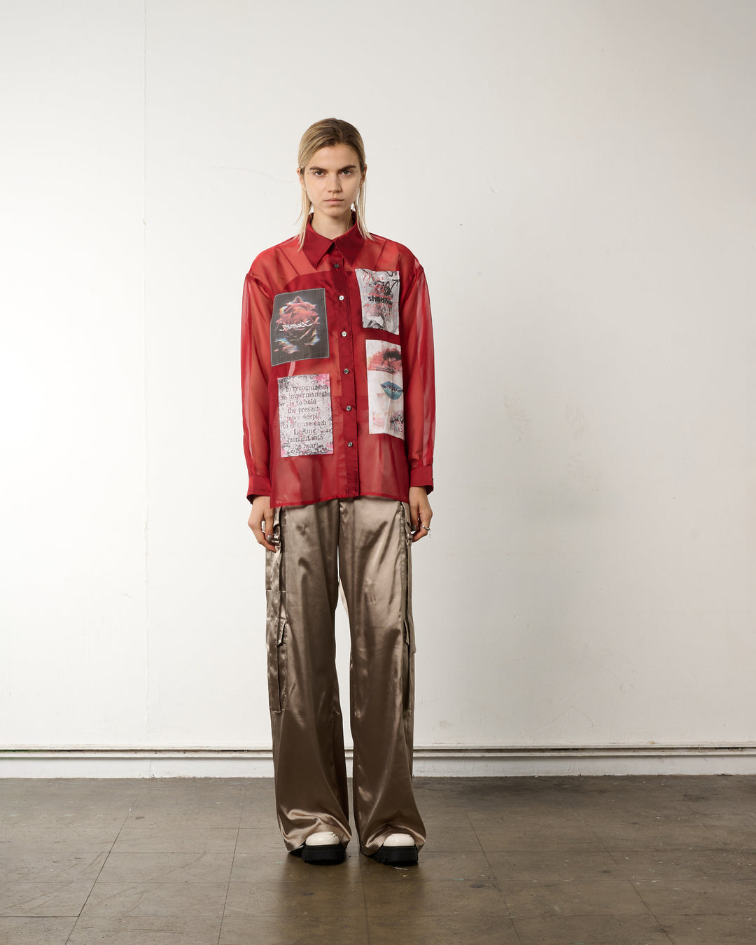 LAYERED GRAPHIC SHEER SHIRT [RED]