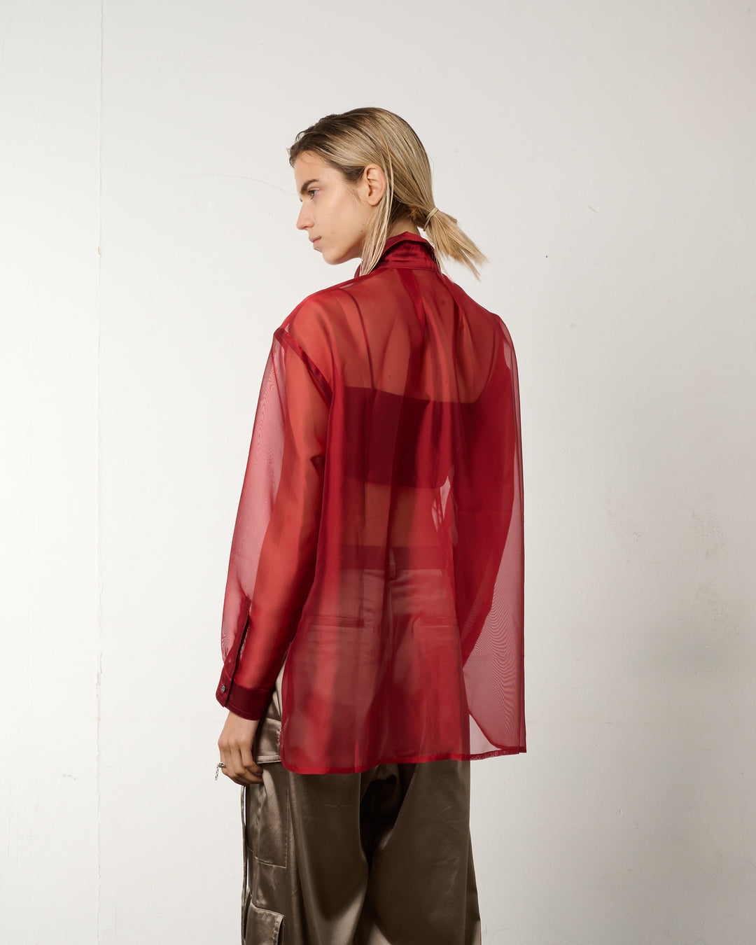 LAYERED GRAPHIC SHEER SHIRT [RED]