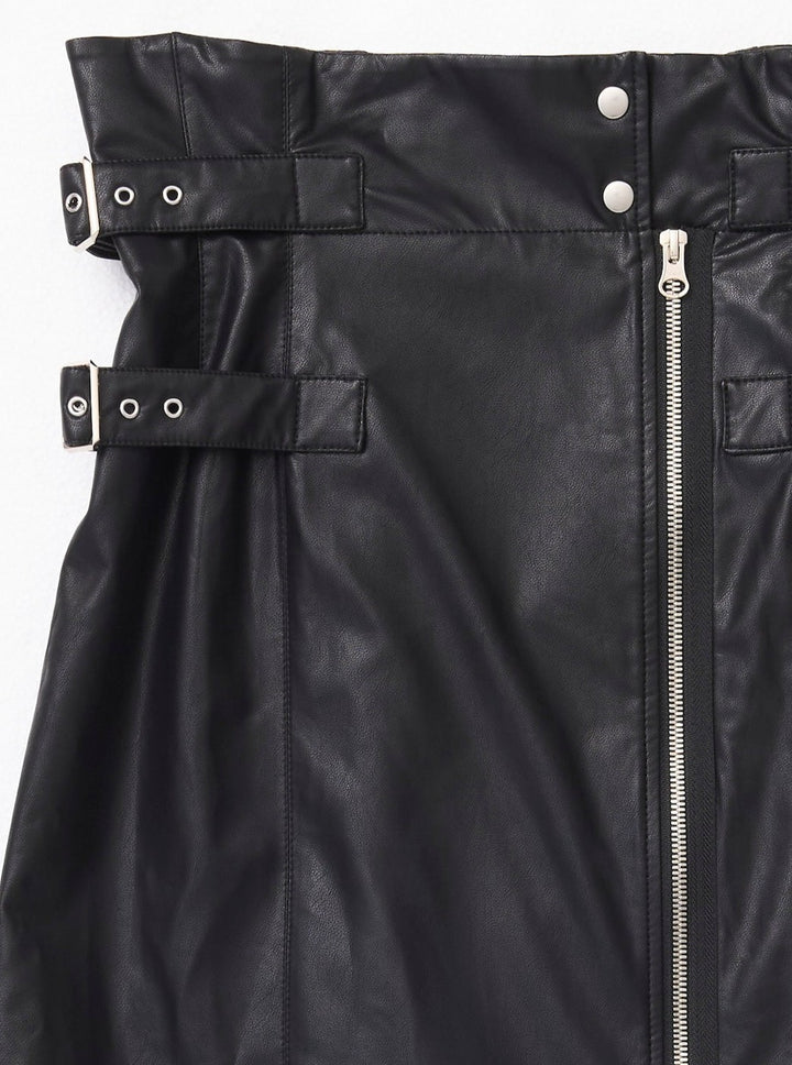 VEGAN LEATHER DOUBLE BELT HIGH WAIST SKIRT