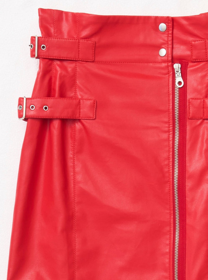 VEGAN LEATHER DOUBLE BELT HIGH WAIST SKIRT