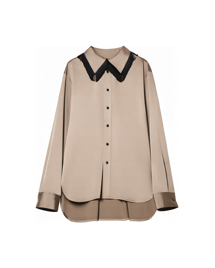 FRINGE COLLAR SATIN SHIRT【BLACK】