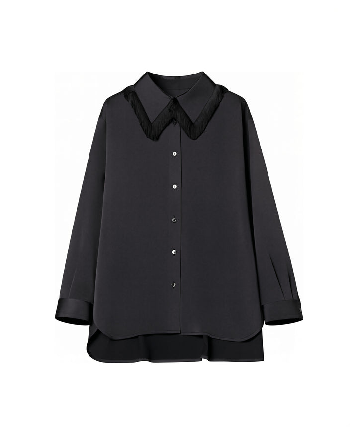 FRINGE COLLAR SATIN SHIRT【BLACK】