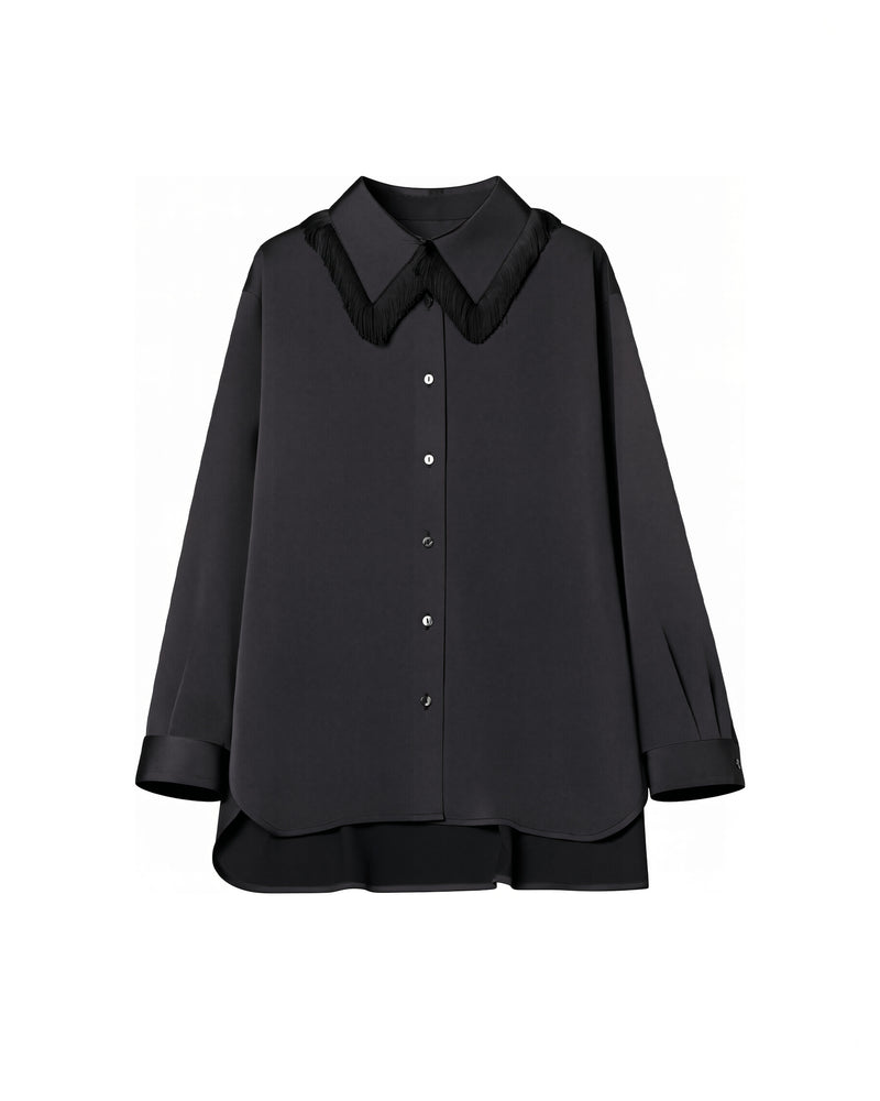 FRINGE COLLAR SATIN SHIRT【BLACK】