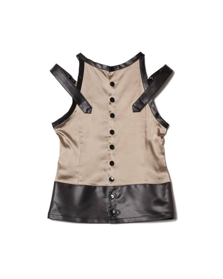 BACK BUTTON SATIN LEATHER TANK【KHAKI】
