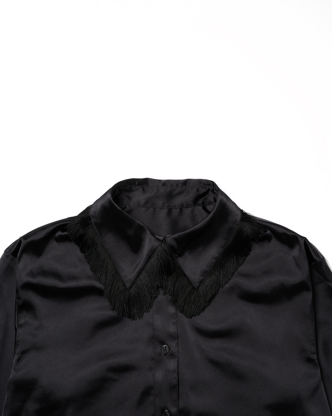 FRINGE COLLAR SATIN SHIRT【BLACK】