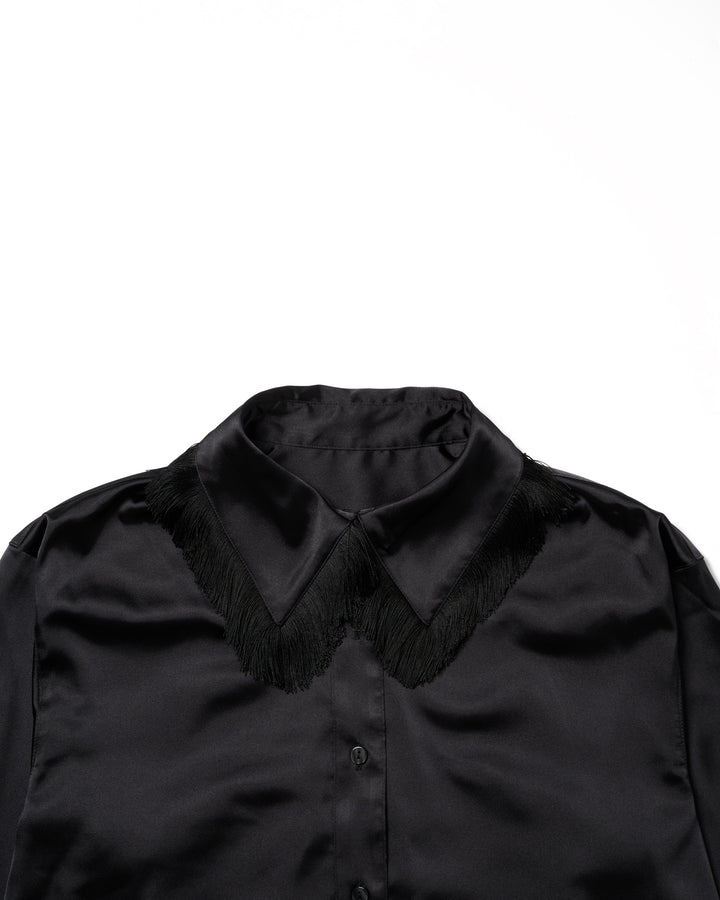 FRINGE COLLAR SATIN SHIRT【BLACK】