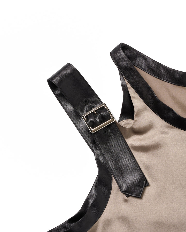 BACK BUTTON SATIN LEATHER TANK【KHAKI】