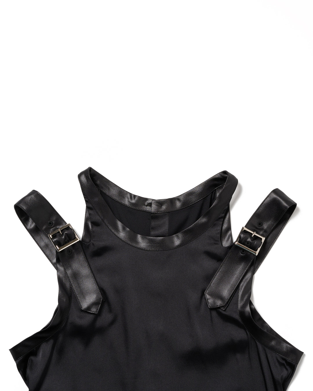 BACK BUTTON SATIN LEATHER TANK【BLACK】