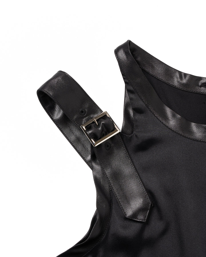 BACK BUTTON SATIN LEATHER TANK【BLACK】